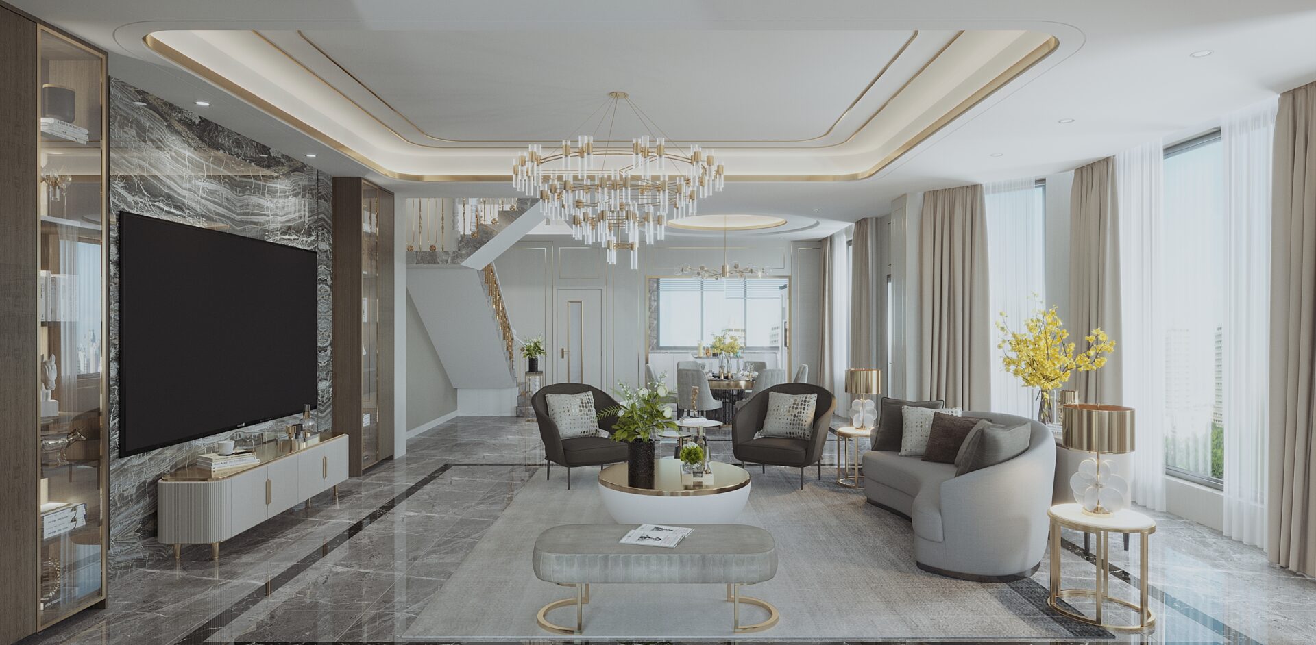 Spacious living room with large windows